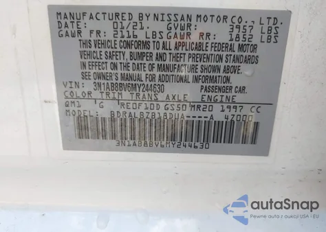 2021 Nissan Sentra S Xtronic Cvt z USA, uszkodzony, nr VIN 3N1AB8BV6MY244630